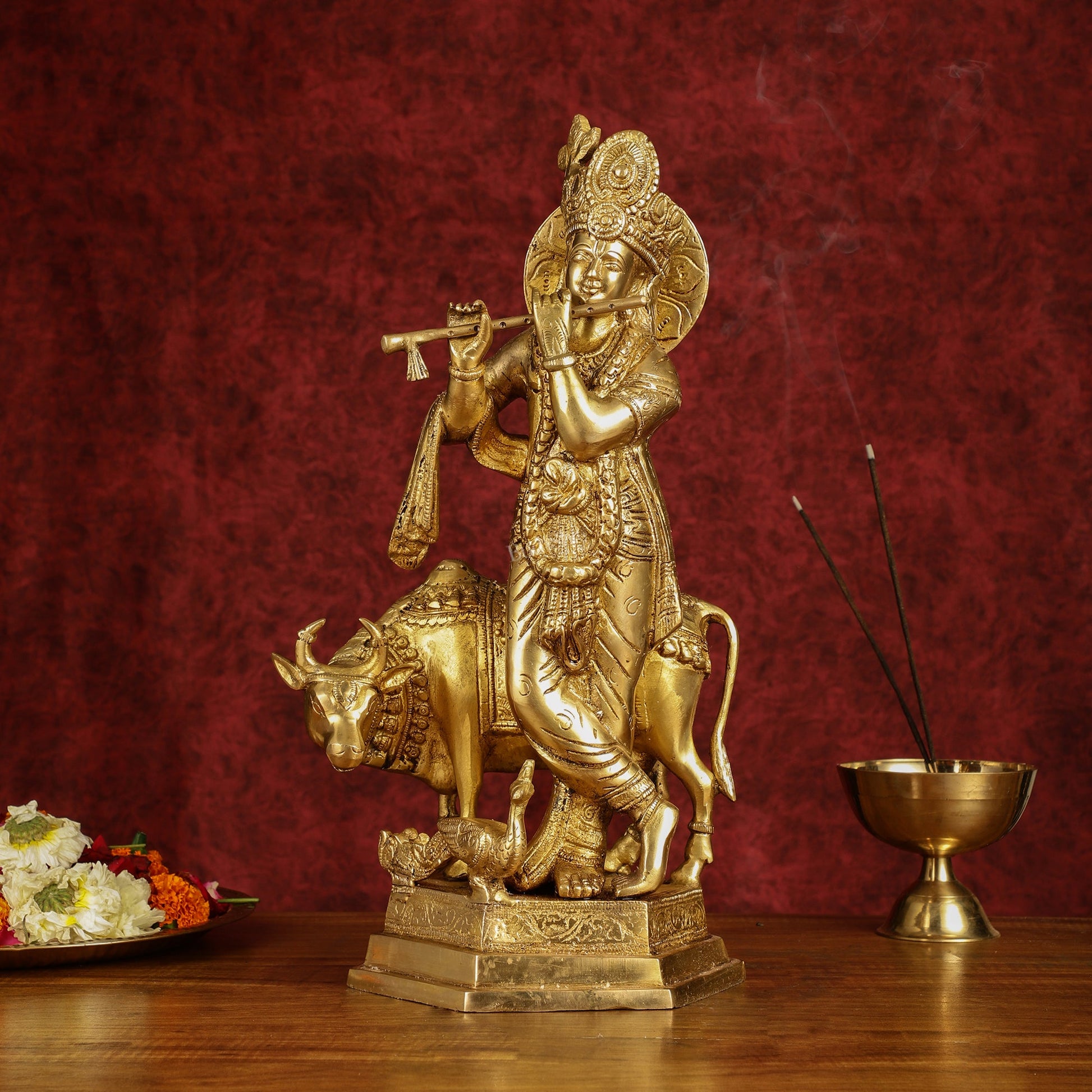 Brass Lord Krishna with Cow and Peacock | 16.5" Height