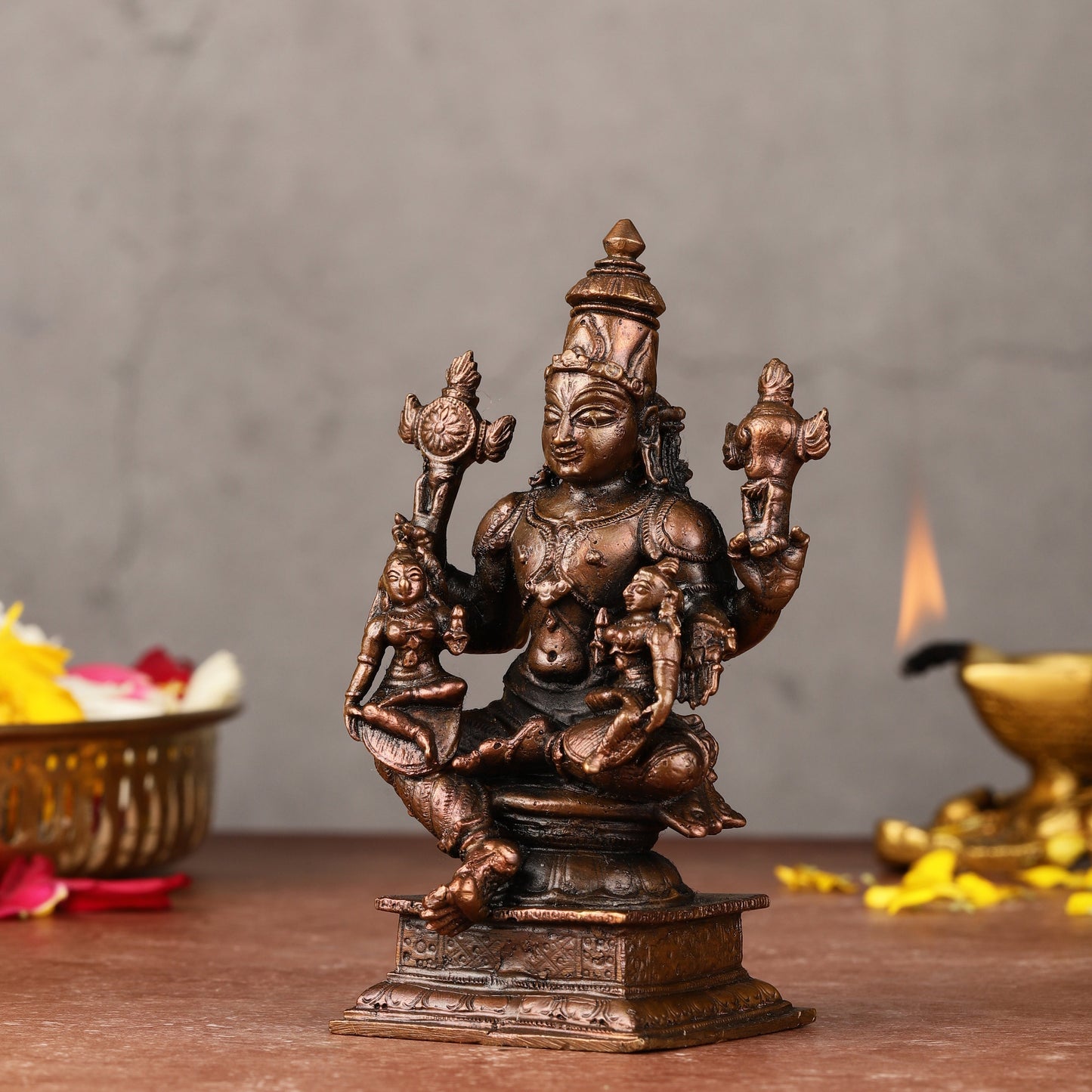 Pure Copper Lord Vishnu with Bhoodevi and Sridevi Idol - 4.5-inch