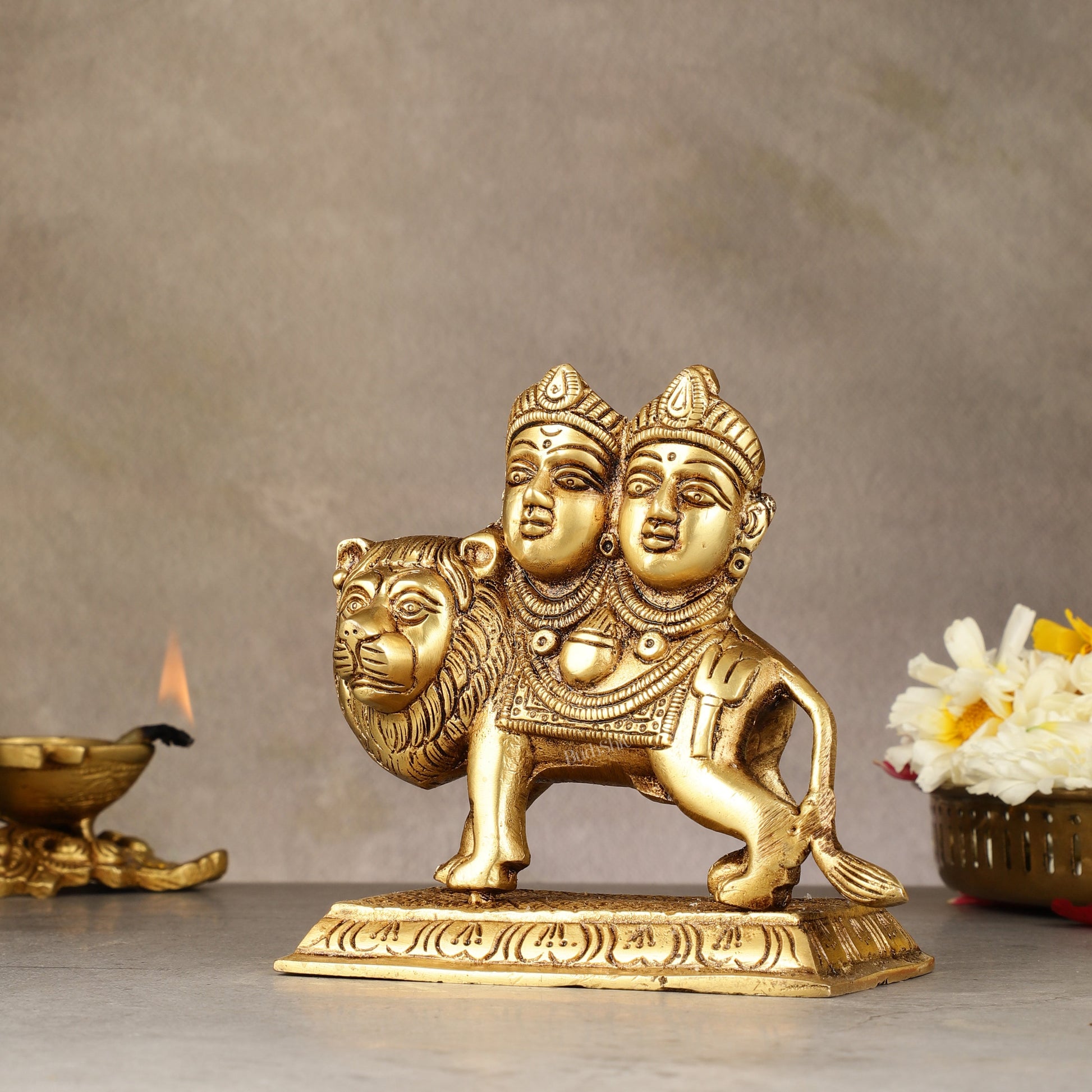 Goddess Chamunda Brass Idol: 5.5 inch