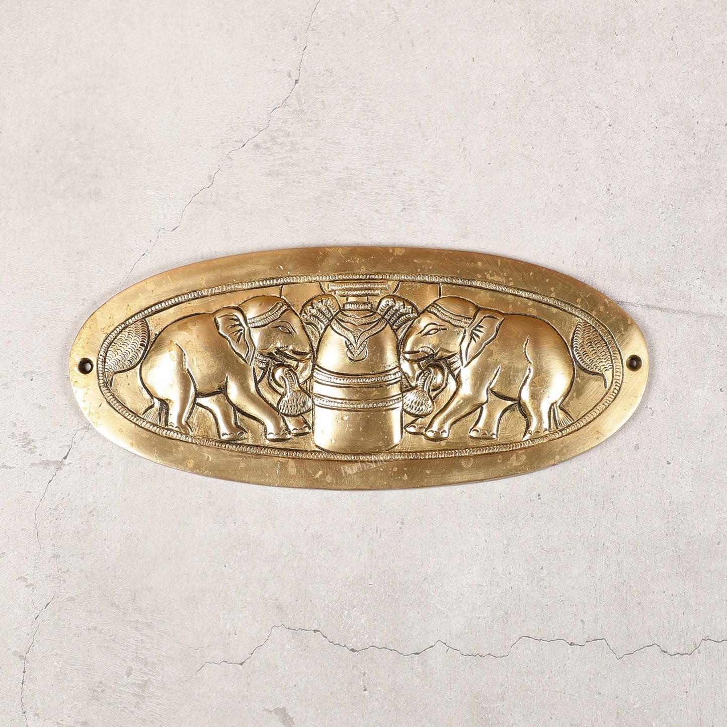 Superfine Brass Shivling with Two Elephants Wall Hanging - 10 -inch