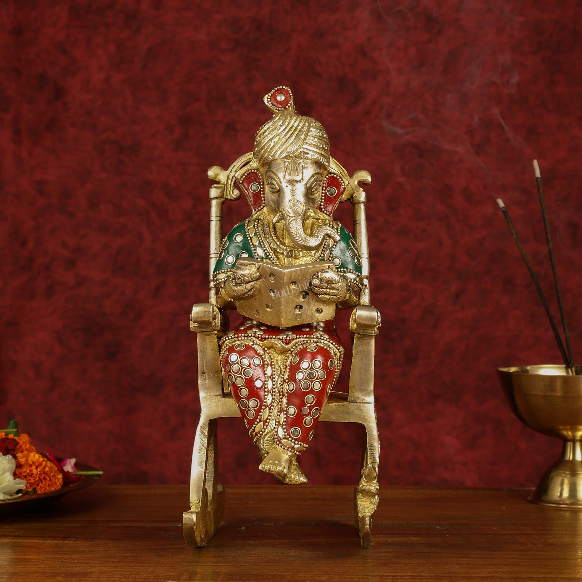 Enchanting 11-Inch Pure Brass Reading Ganesha on Rocking Chair Idol