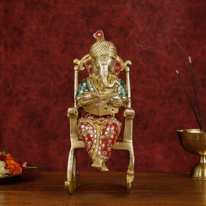 Enchanting 11-Inch Pure Brass Reading Ganesha on Rocking Chair Idol
