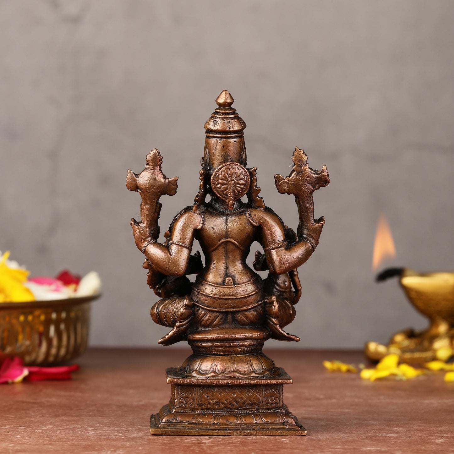 Pure Copper Lord Vishnu with Bhoodevi and Sridevi Idol - 4.5-inch