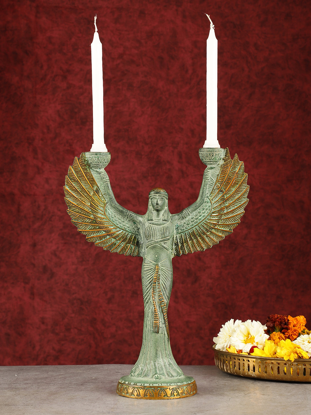 Antique Brass Goddess Iris Candle Holder - 12 inch