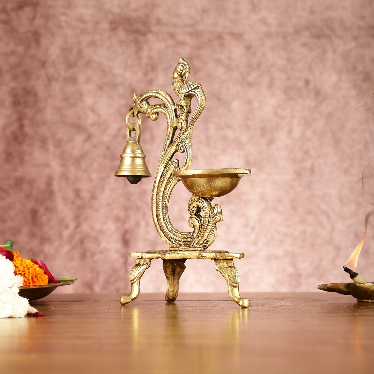 Brass parrot lamp with bell enhanced carvings
