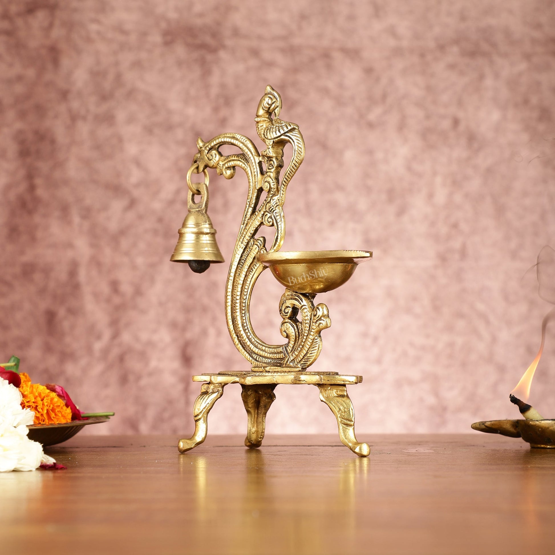 Brass parrot lamp with bell enhanced carvings