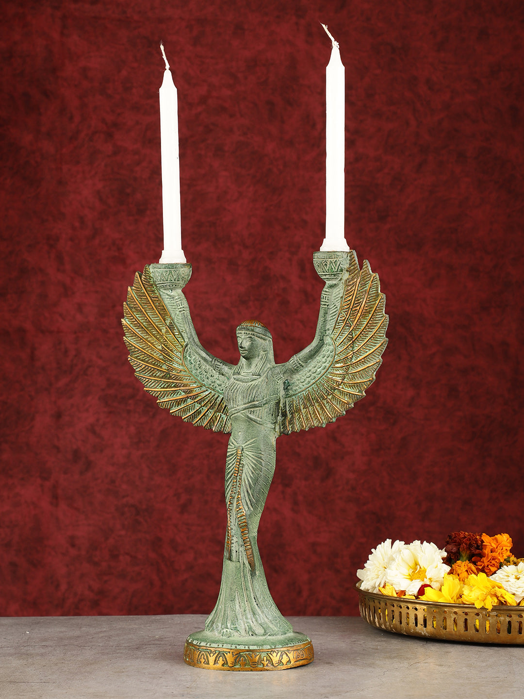 Antique Brass Goddess Iris Candle Holder - 12 inch