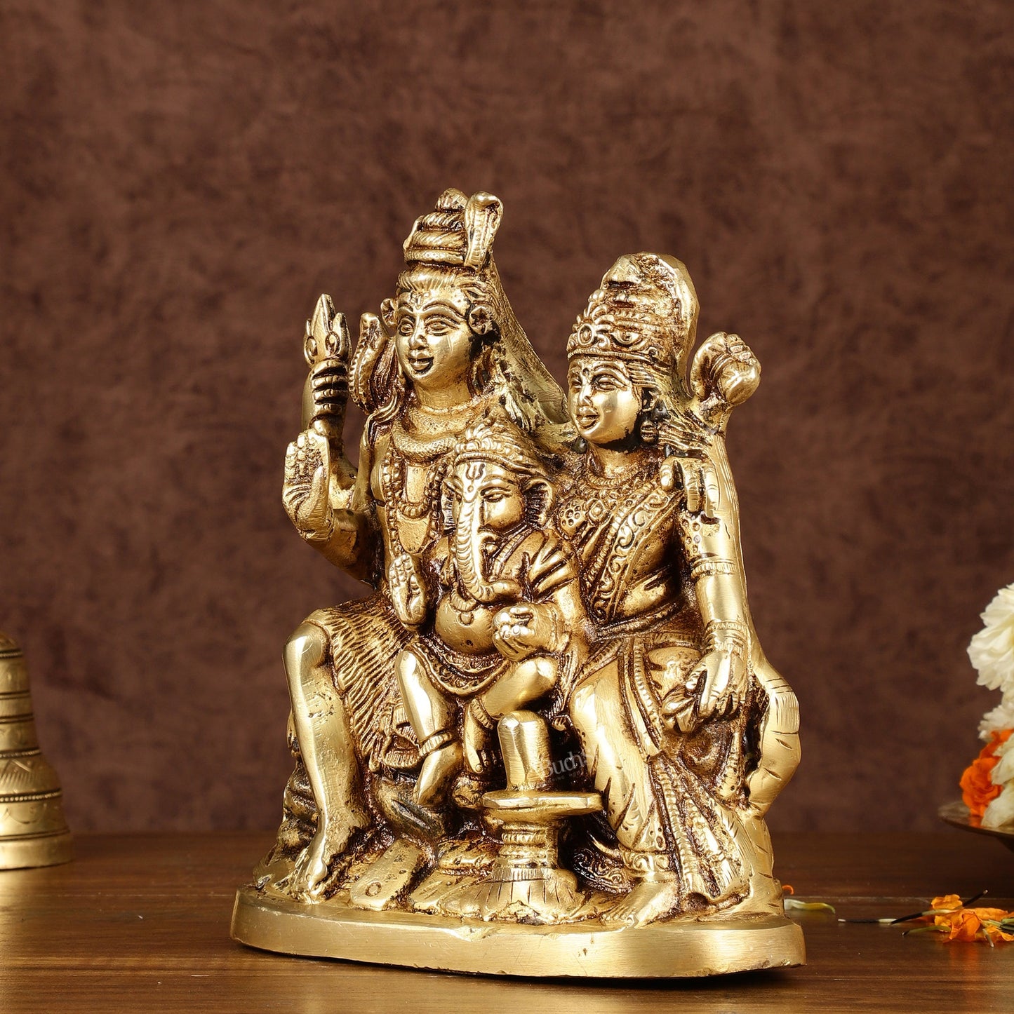 Brass Shiv Parivar Idol with Shiv Parvati, Ganesha, and Shiv Ling | Height: 8 inch