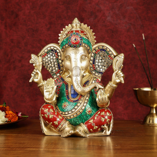 Divine Brass Lord Ganesha Statue with Meenakari Stonework and Big Ears - 10"