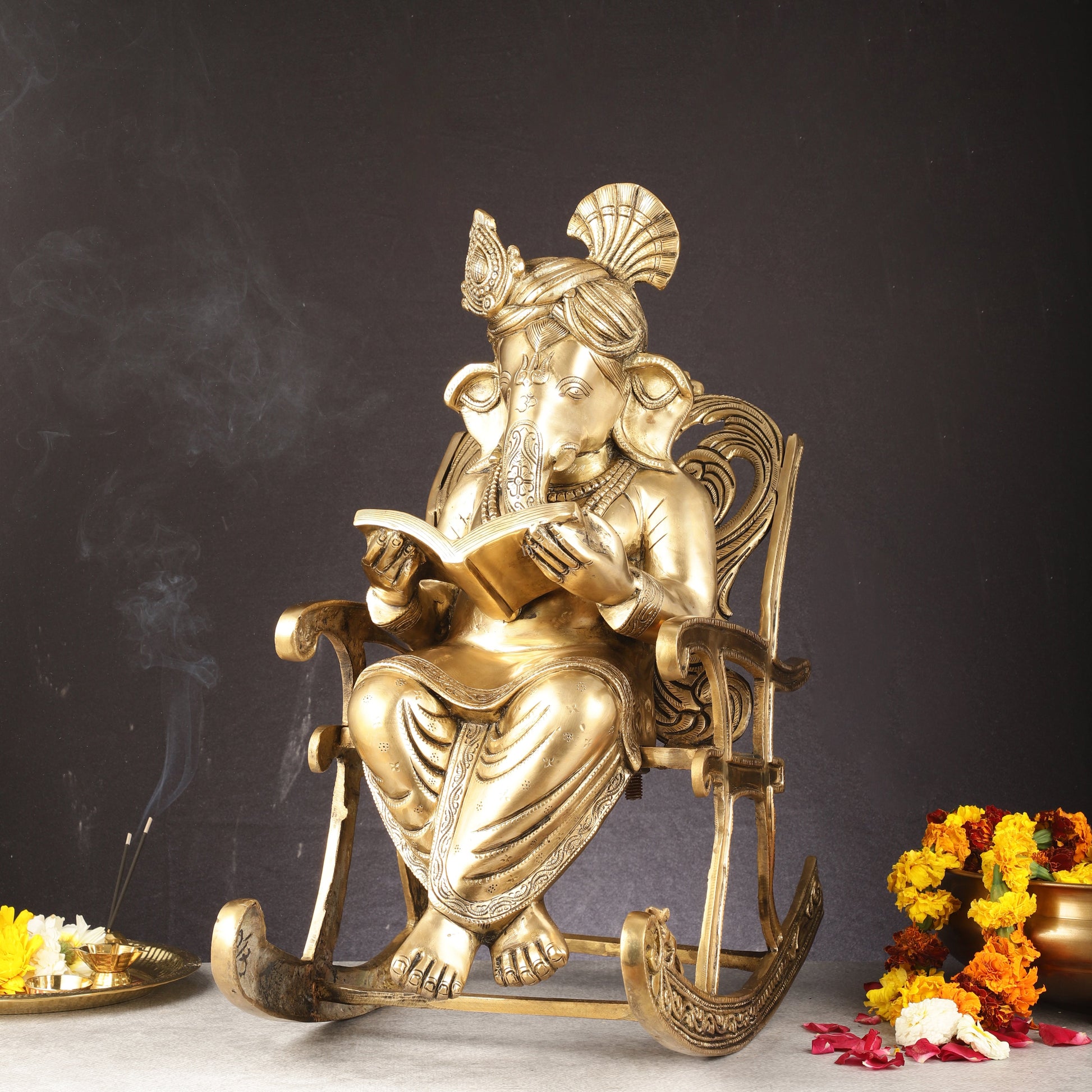 Pure Brass Large Sized Ganapati Seated on Chair Reading Book | 24"