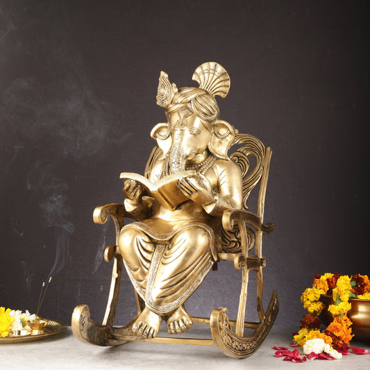 Pure Brass Large Sized Ganapati Seated on Chair Reading Book | 24"