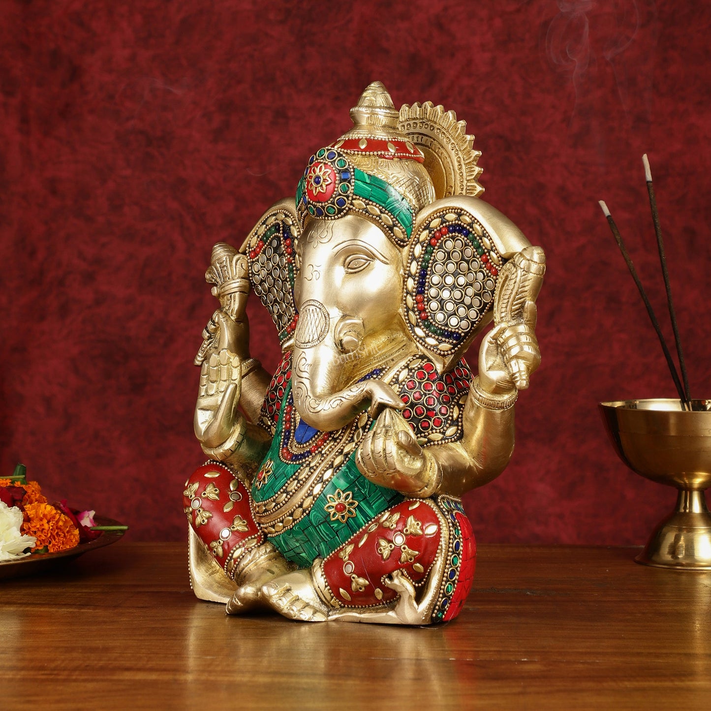 Divine Brass Lord Ganesha Statue with Meenakari Stonework and Big Ears - 10"