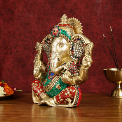 Divine Brass Lord Ganesha Statue with Meenakari Stonework and Big Ears - 10"