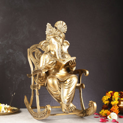 Pure Brass Large Sized Ganapati Seated on Chair Reading Book | 24"