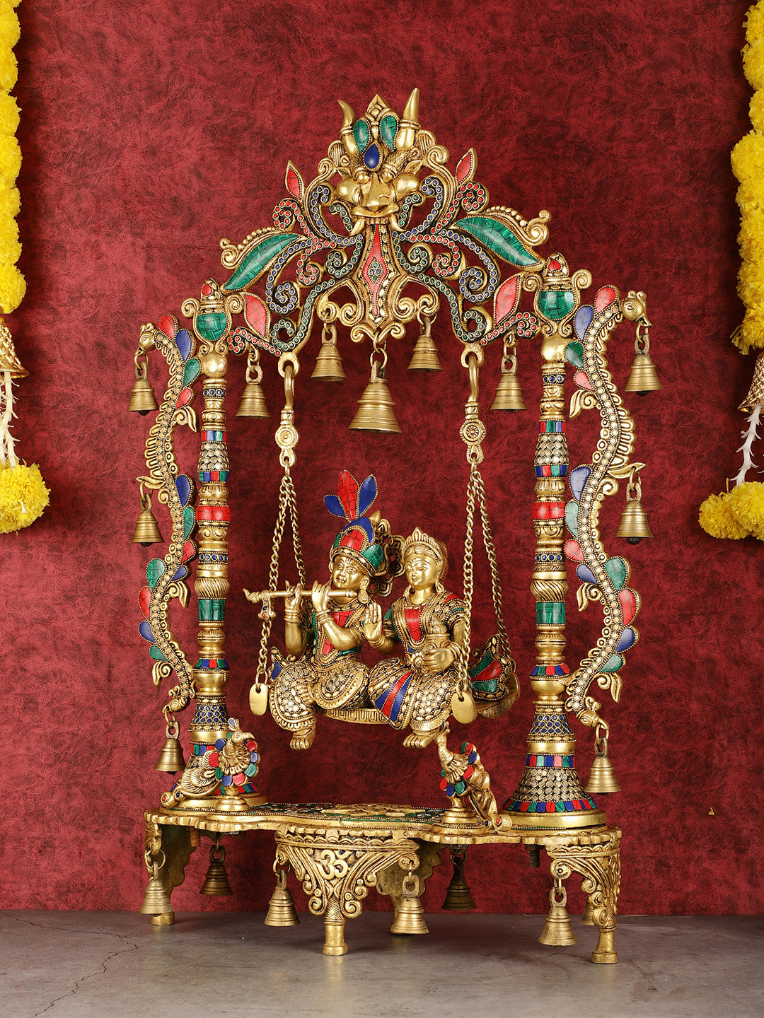 Pure Brass Large Radha Krishna Swing Jhoola with Meenakari Work - 30"
