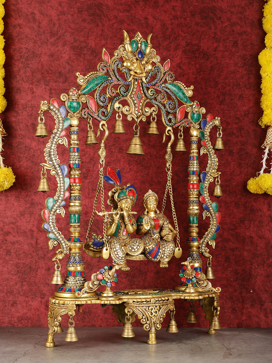 Pure Brass Large Radha Krishna Swing Jhoola with Meenakari Work - 30"