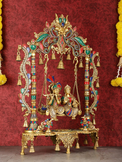 Pure Brass Large Radha Krishna Swing Jhoola with Meenakari Work - 30"