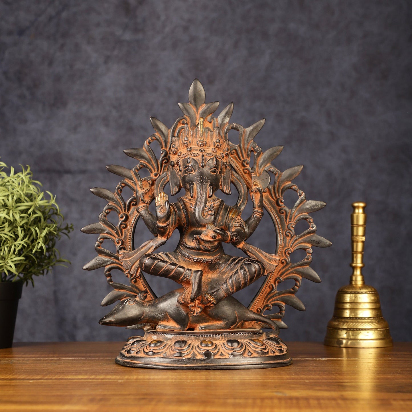 Pure Brass Tibetan Form of Ganapati Seated on Mouse Antique Patina 13"