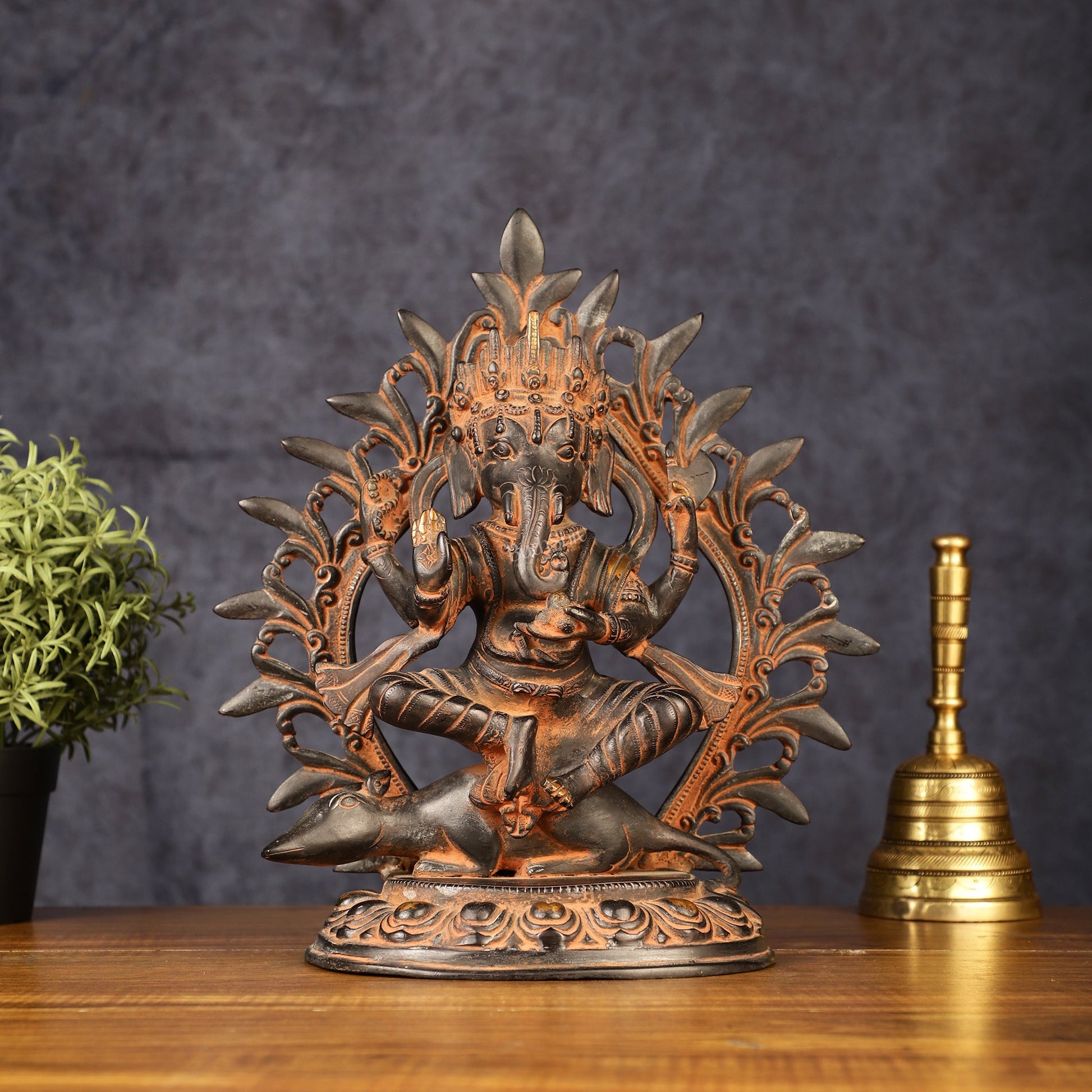 Pure Brass Tibetan Form of Ganapati Seated on Mouse Antique Patina 13"