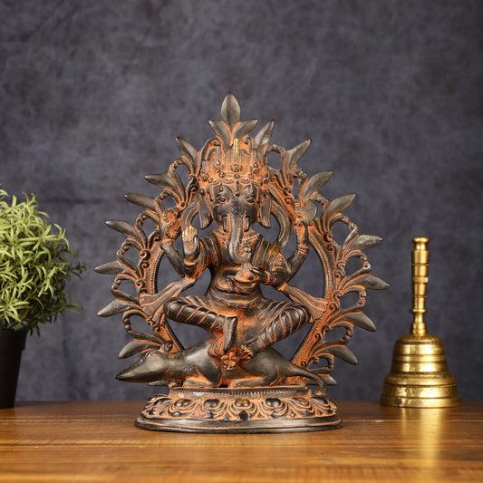 Pure Brass Tibetan Form of Ganapati Seated on Mouse Antique Patina 13"