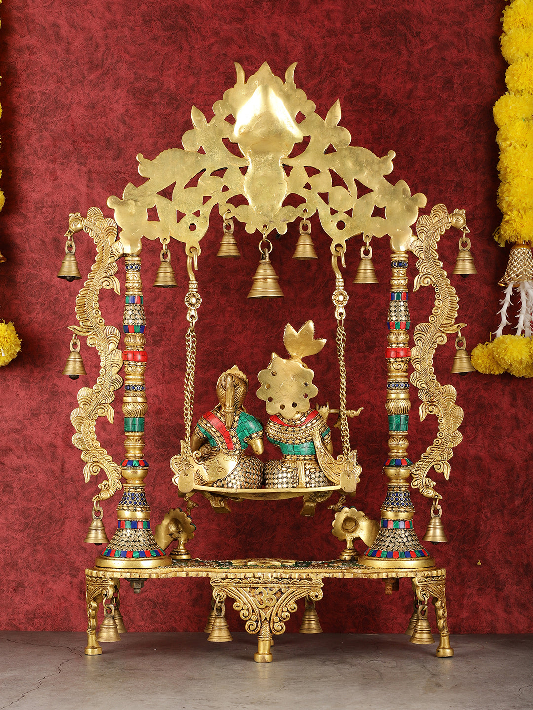 Pure Brass Large Radha Krishna Swing Jhoola with Meenakari Work - 30"