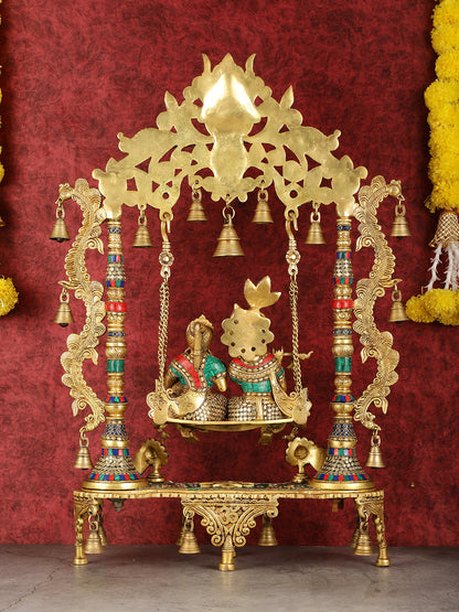 Pure Brass Large Radha Krishna Swing Jhoola with Meenakari Work - 30"