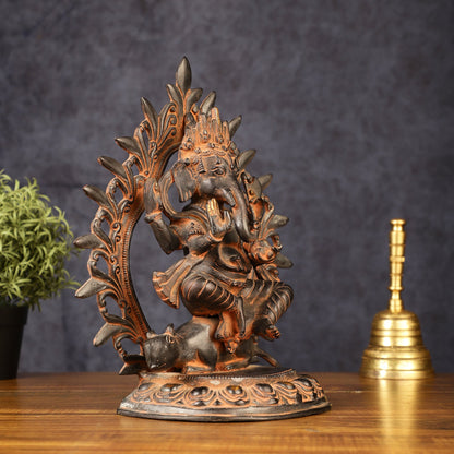 Pure Brass Tibetan Form of Ganapati Seated on Mouse Antique Patina 13"