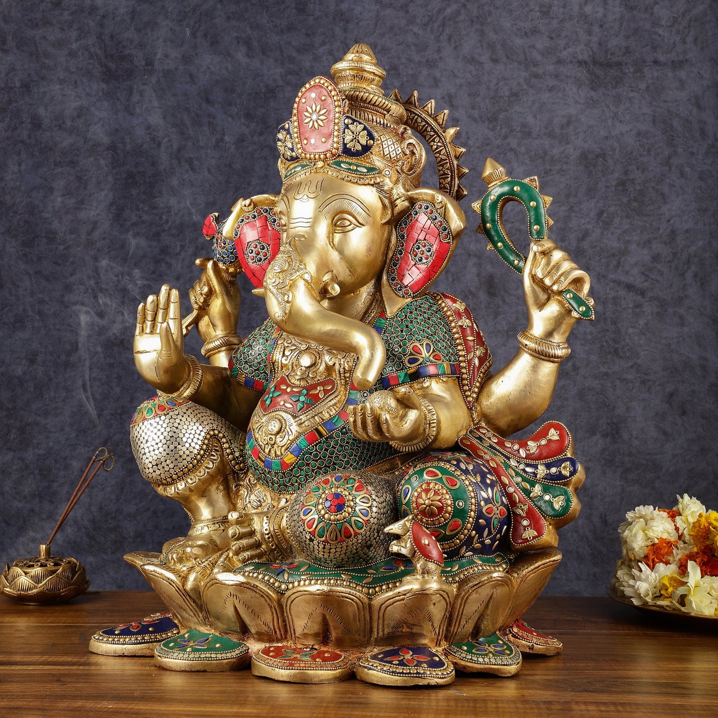 Handcrafted Brass Ganapathi Statue on Lotus Base - 21-inch Tall