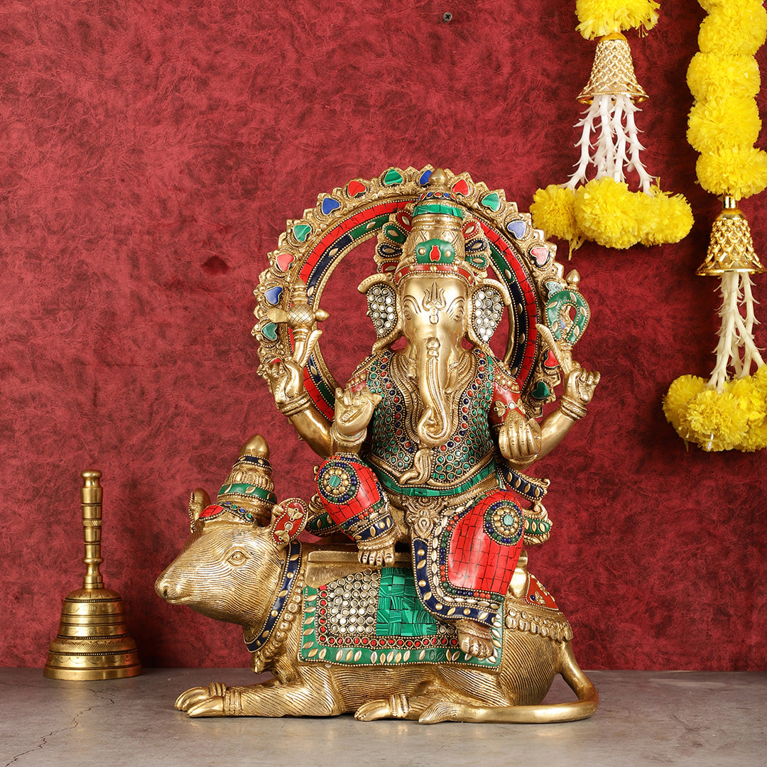 Ganapati sitting on large mouse brass statue 16"