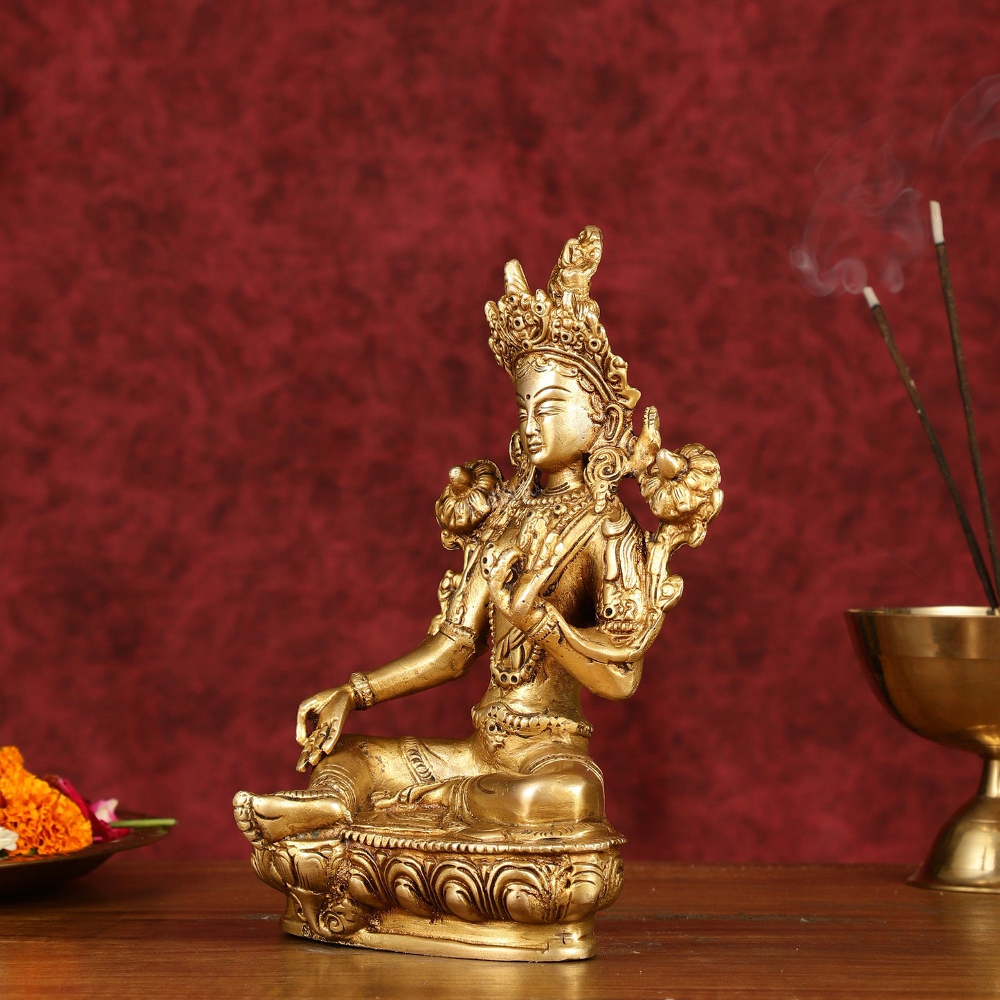 Sacred Pure Brass Green Tara Devi Idol - Handcrafted Sculpture 8"