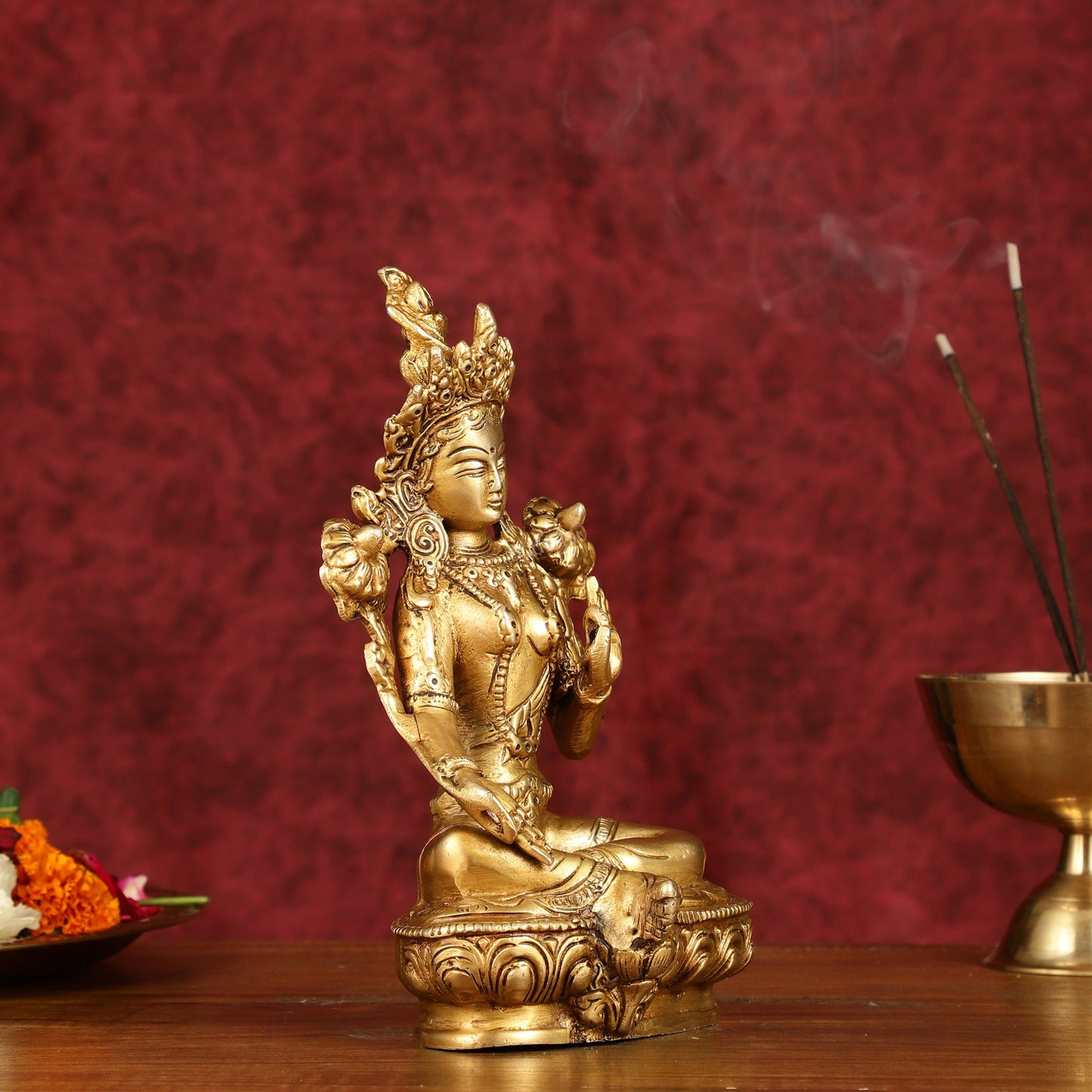 Sacred Pure Brass Green Tara Devi Idol - Handcrafted Sculpture 8"