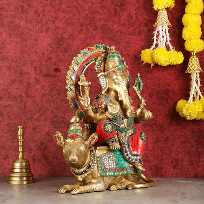 Ganapati sitting on large mouse brass statue 16"