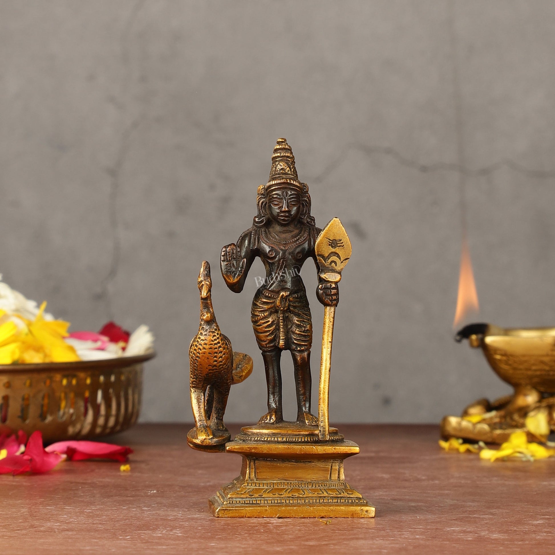 Pure brass small Murugan Kartikeya idol black 5.5 inch
