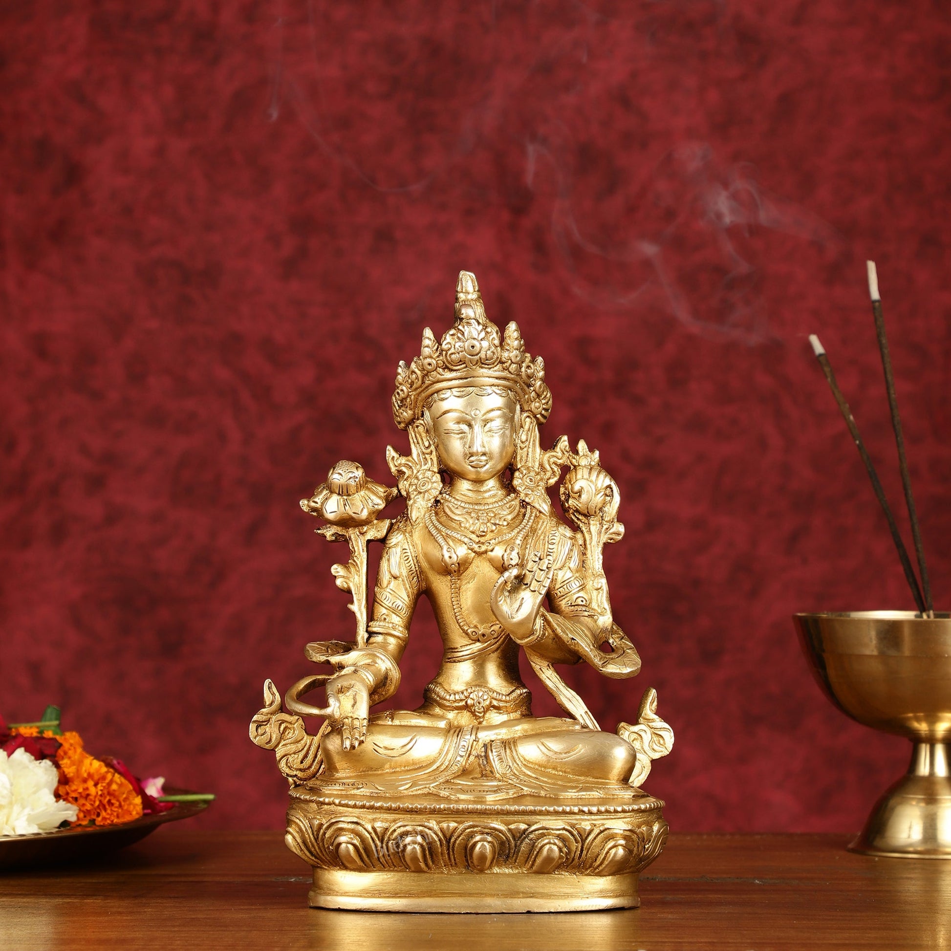 Sacred Pure Brass white Tara Devi Idol - Handcrafted Sculpture 8"