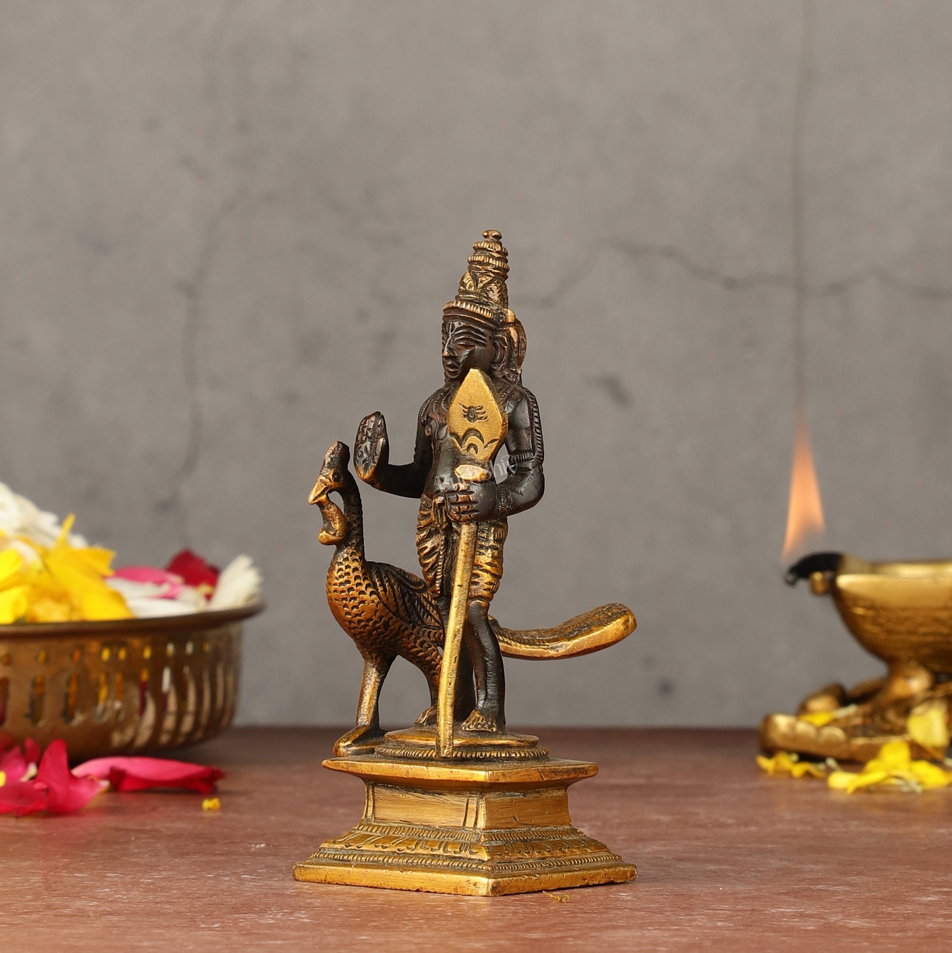 Pure brass small Murugan Kartikeya idol black 5.5 inch