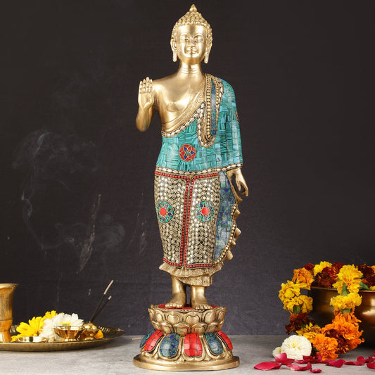 Brass Standing Buddha Statue with stonework | 21.5"