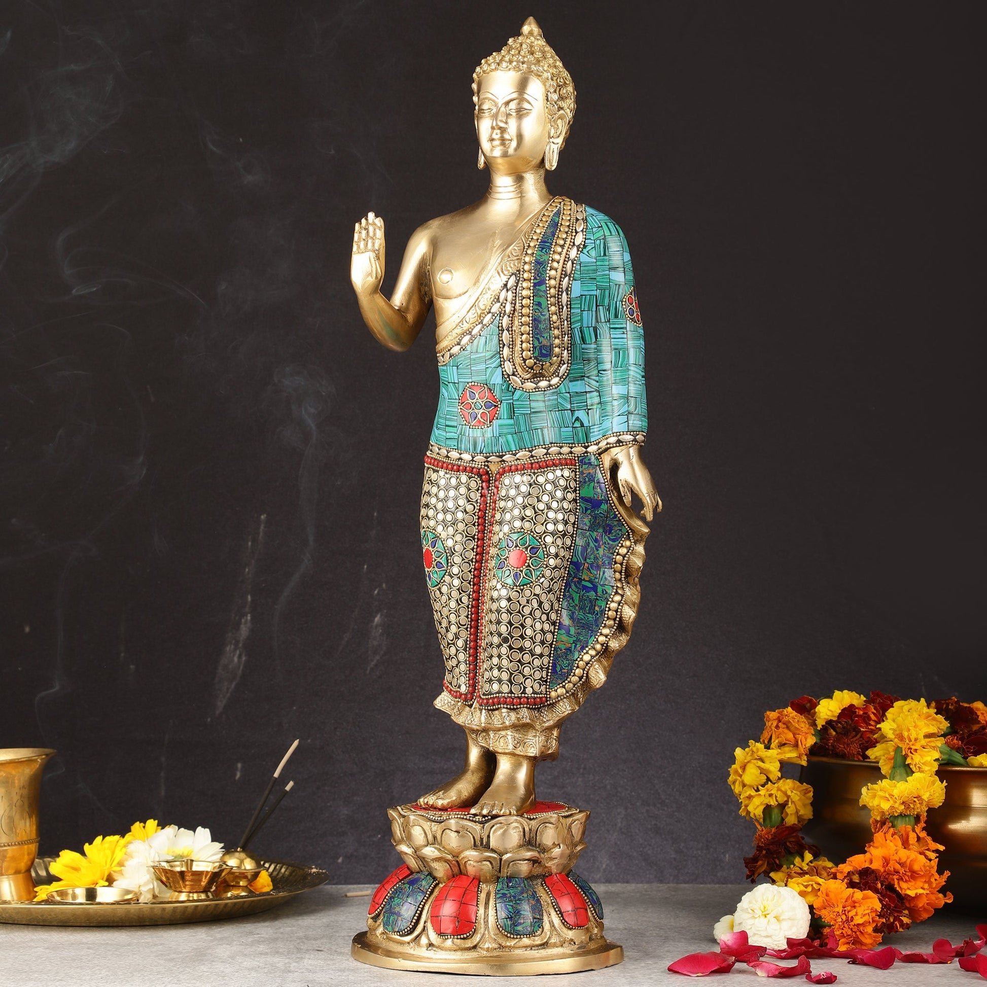 Brass Standing Buddha Statue with stonework | 21.5"