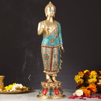 Brass Standing Buddha Statue with stonework | 21.5"