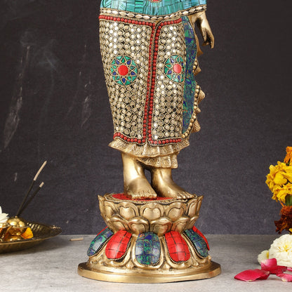 Brass Standing Buddha Statue with stonework | 21.5"