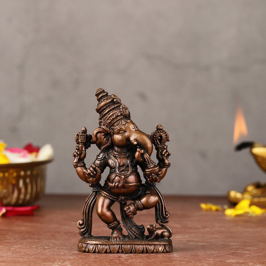 Pure Copper Dancing Ganesha idol - 3-inch