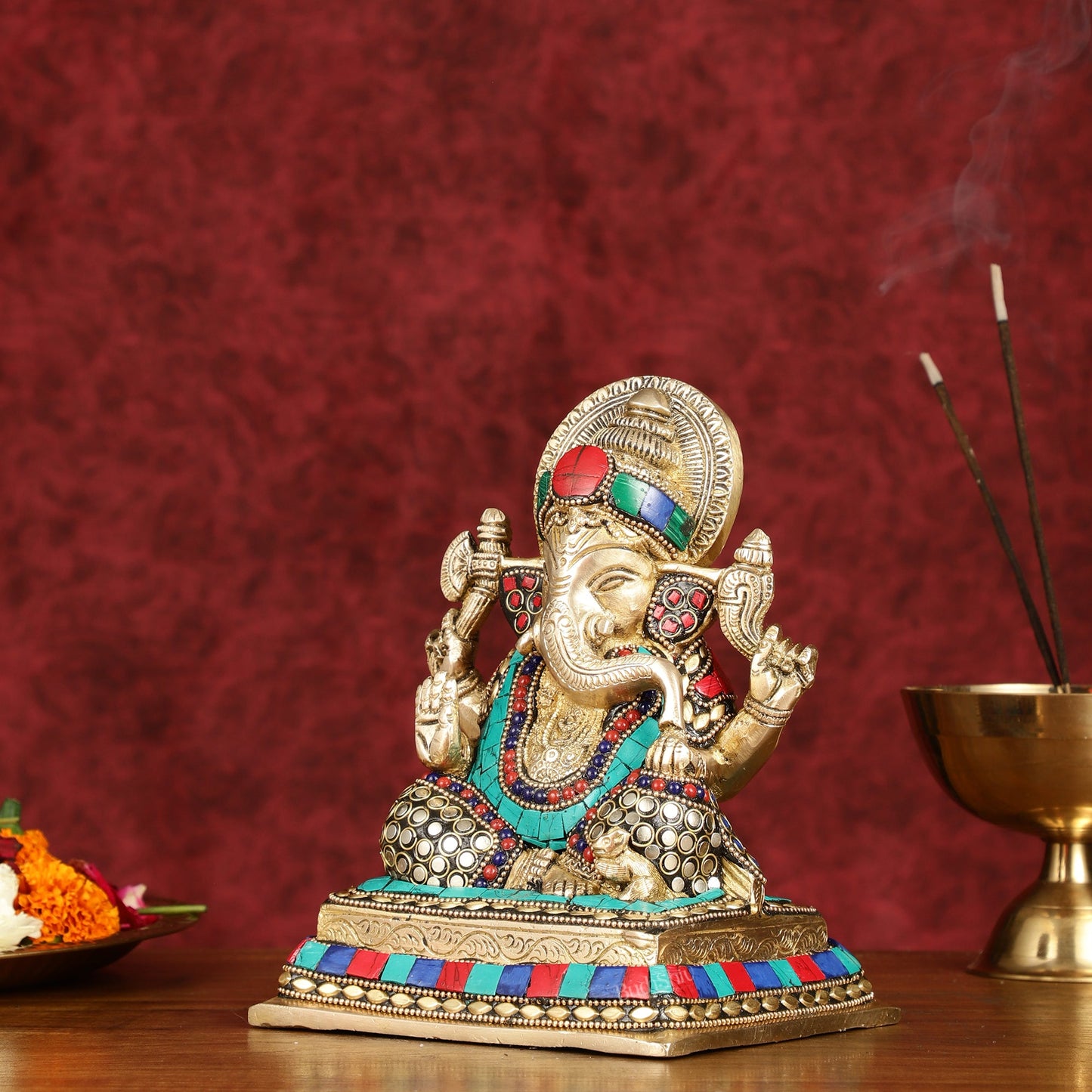 Elegant Pure Brass Ganesha Idol with Stonework 7.5"