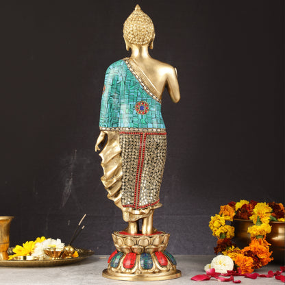 Brass Standing Buddha Statue with stonework | 21.5"