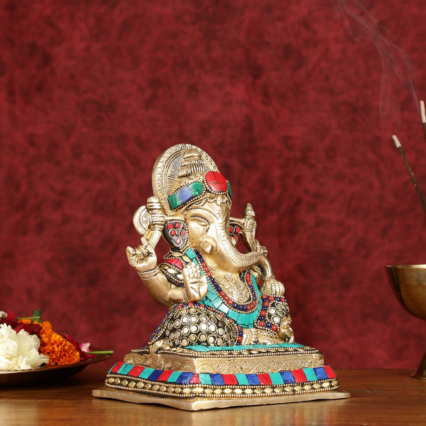 Elegant Pure Brass Ganesha Idol with Stonework 7.5"