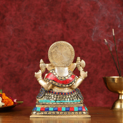 Elegant Pure Brass Ganesha Idol with Stonework 7.5"