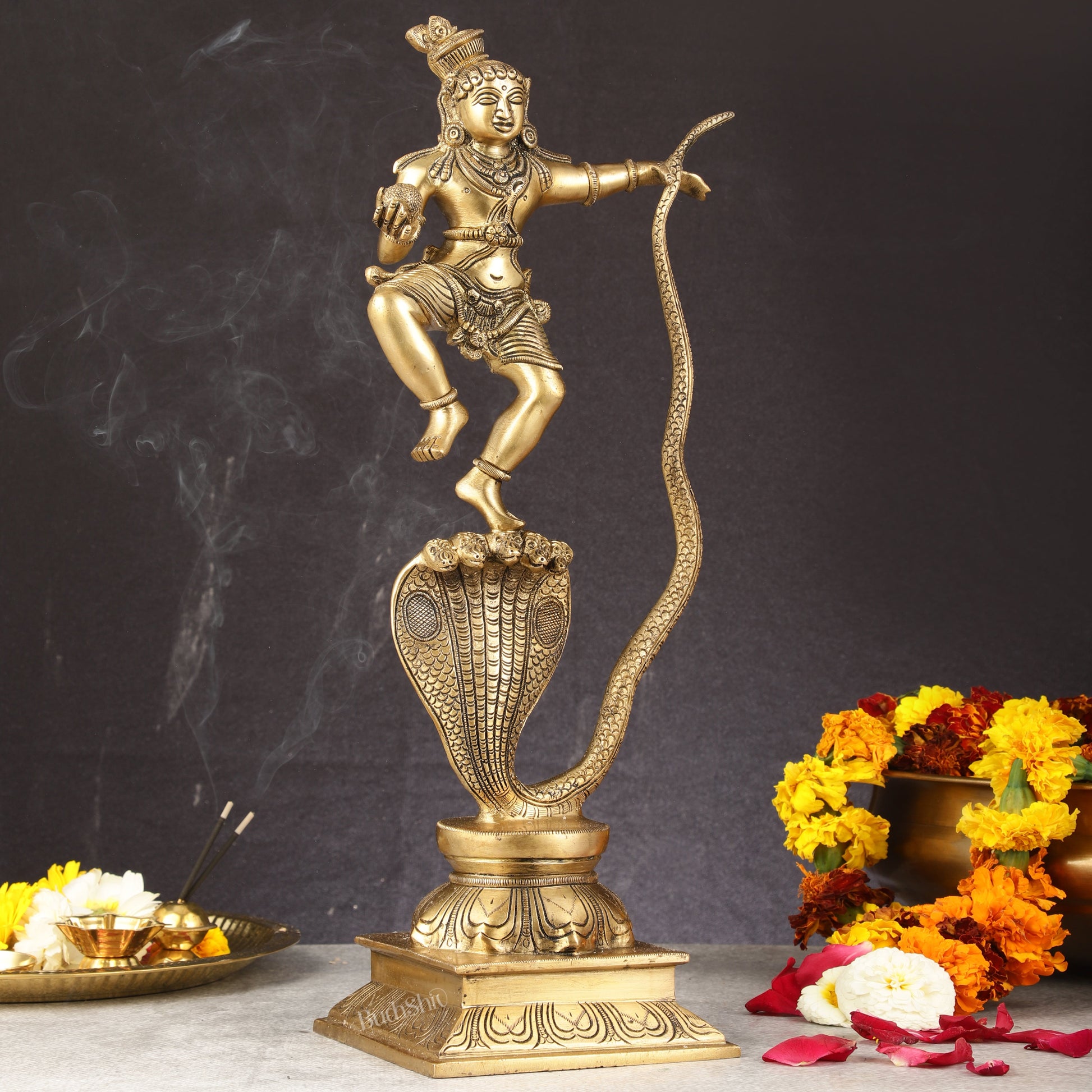 Brass Kalinga Krishna on Kaliya Naag Statue - 18" Height
