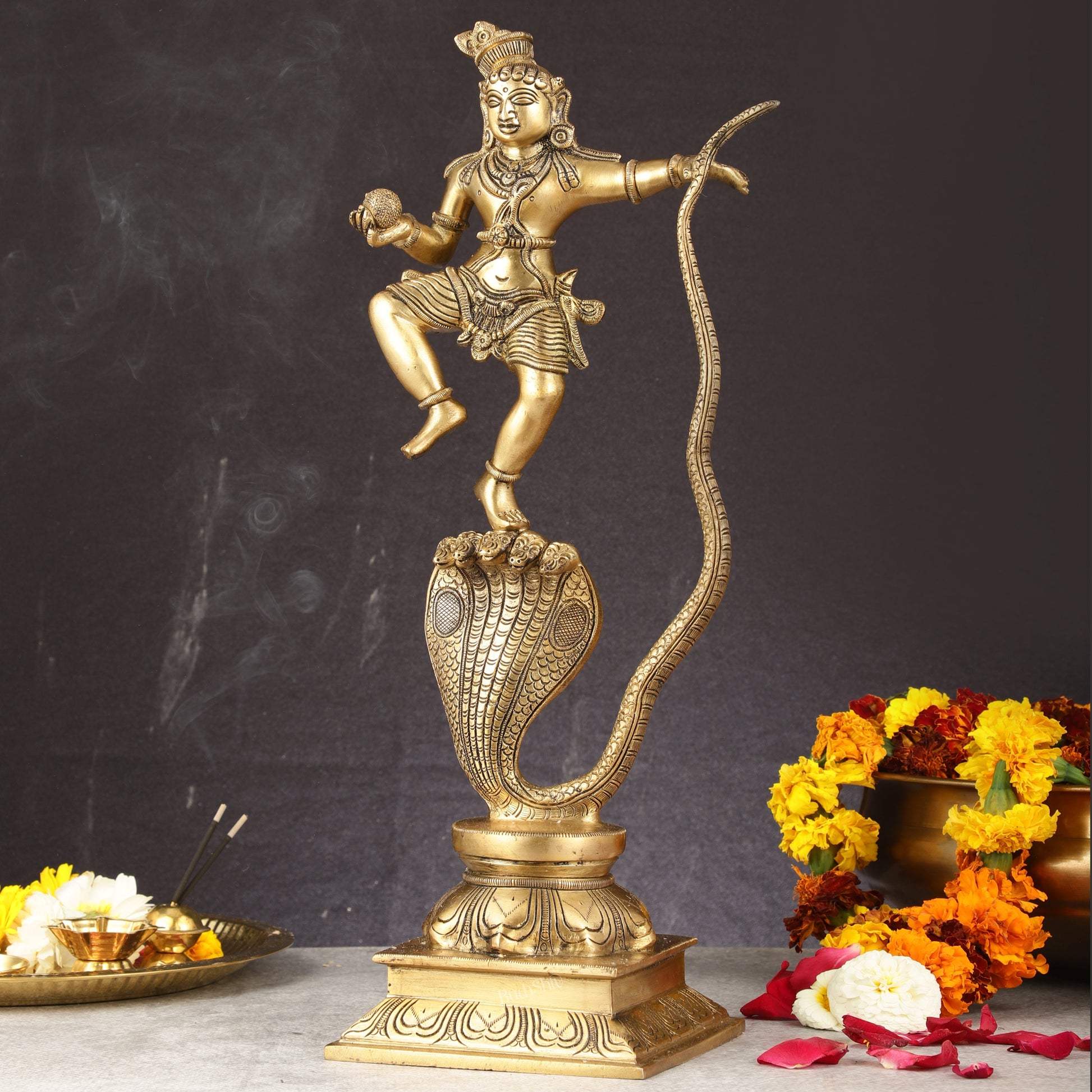 Brass Kalinga Krishna on Kaliya Naag Statue - 18" Height