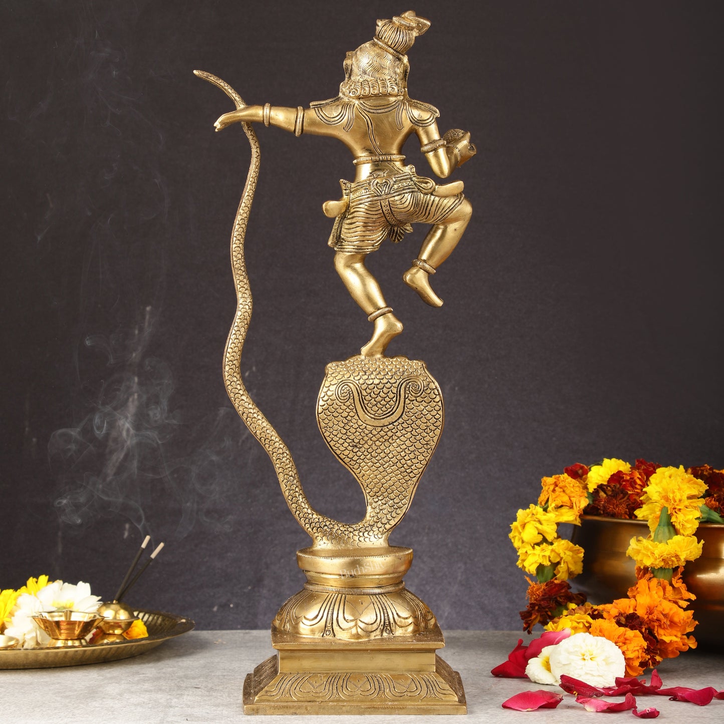 Brass Kalinga Krishna on Kaliya Naag Statue - 18" Height