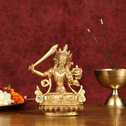 Pure Brass 6-Inch Manjushri Bodhisattva of Wisdom Statue