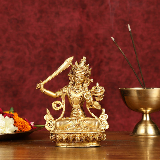 Pure Brass 6-Inch Manjushri Bodhisattva of Wisdom Statue
