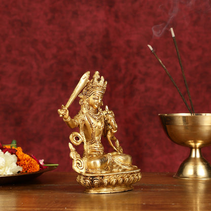 Pure Brass 6-Inch Manjushri Bodhisattva of Wisdom Statue